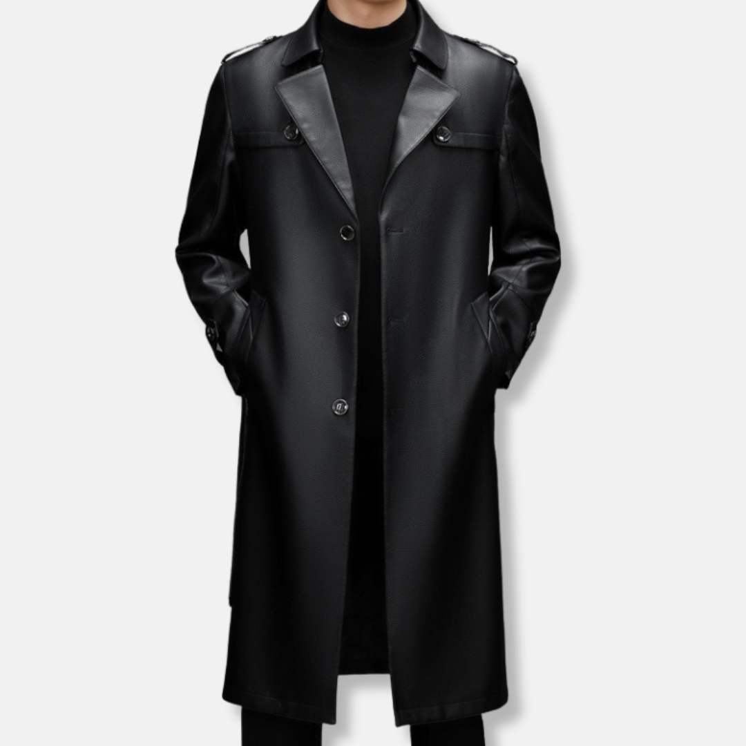 Men's slim fit black PU leather trench coat with city-ready polish and contemporary edge