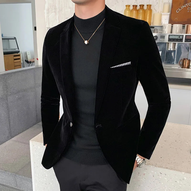 Midnight blue velvet slim-fit tailored blazer with luxurious smooth texture for formal events