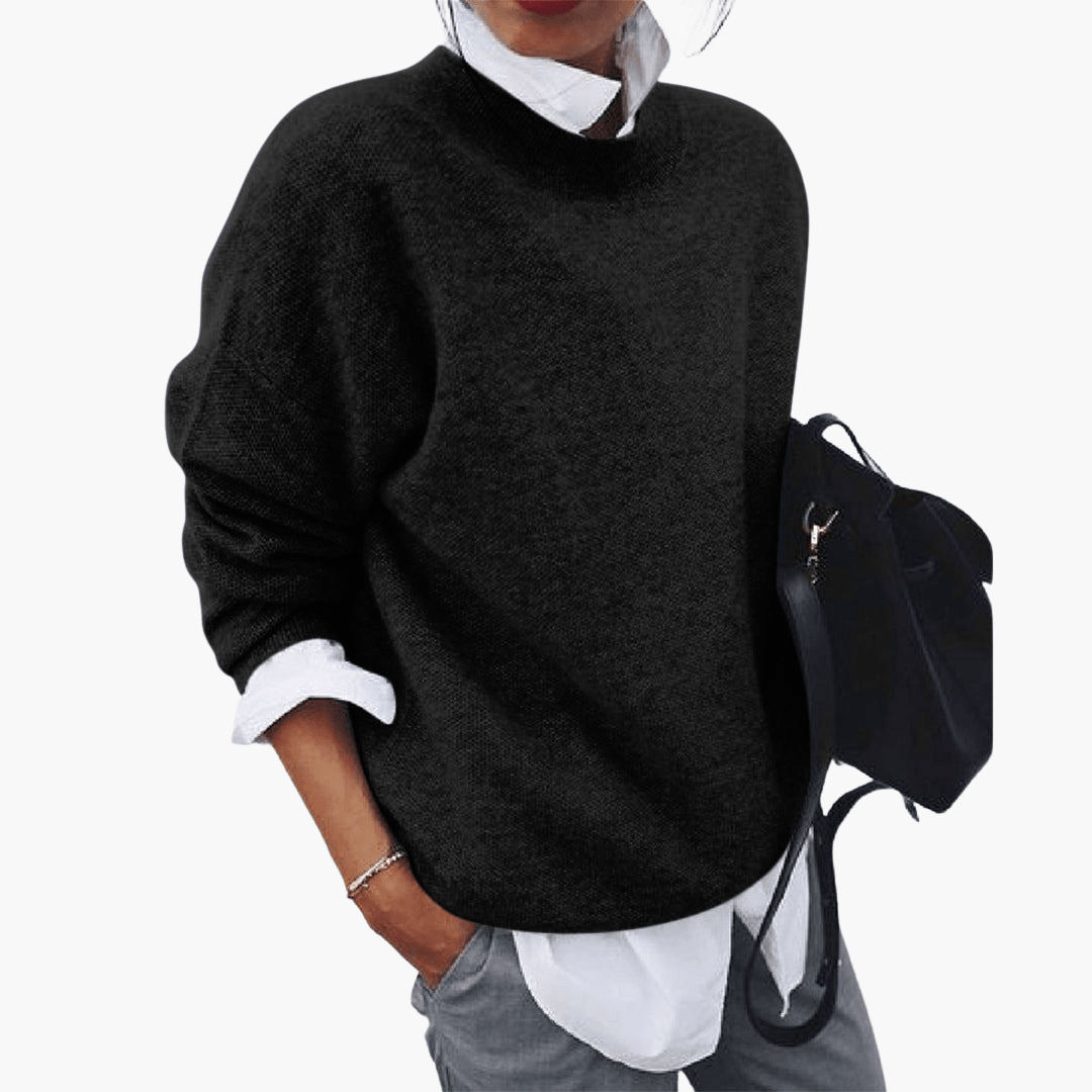 Women's ivory oversized high collar knit sweater with ultra-soft fabric and elegant relaxed silhouette
