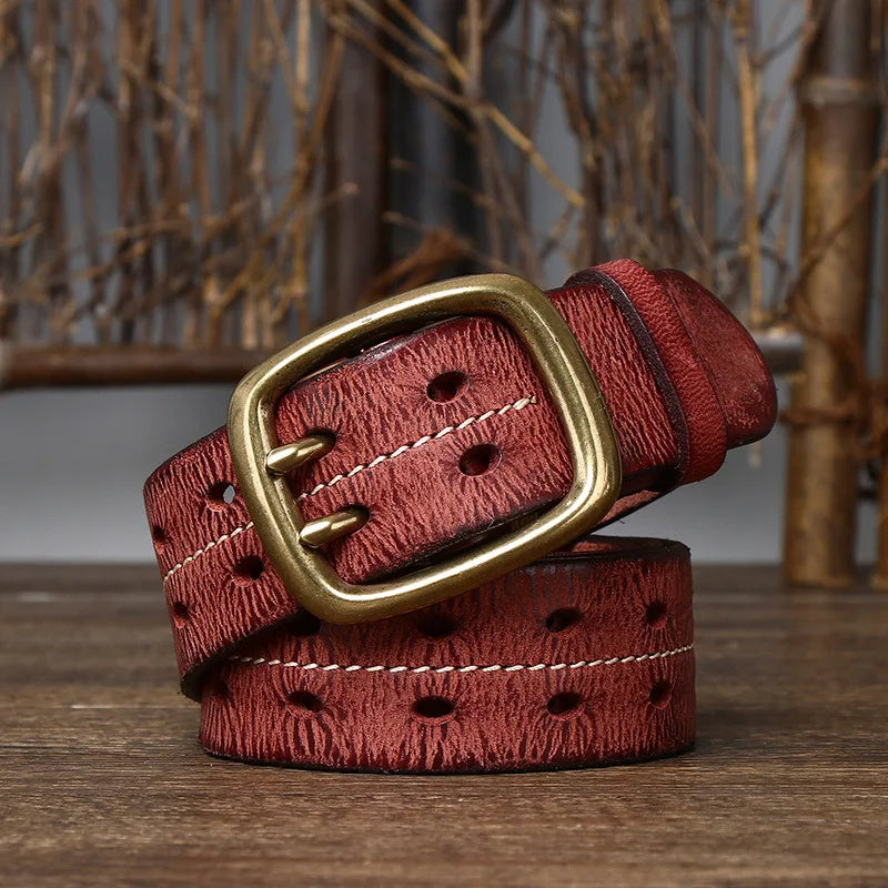 Men's full-grain leather belt in tan vintage style with solid brass buckle, handcrafted premium quality
