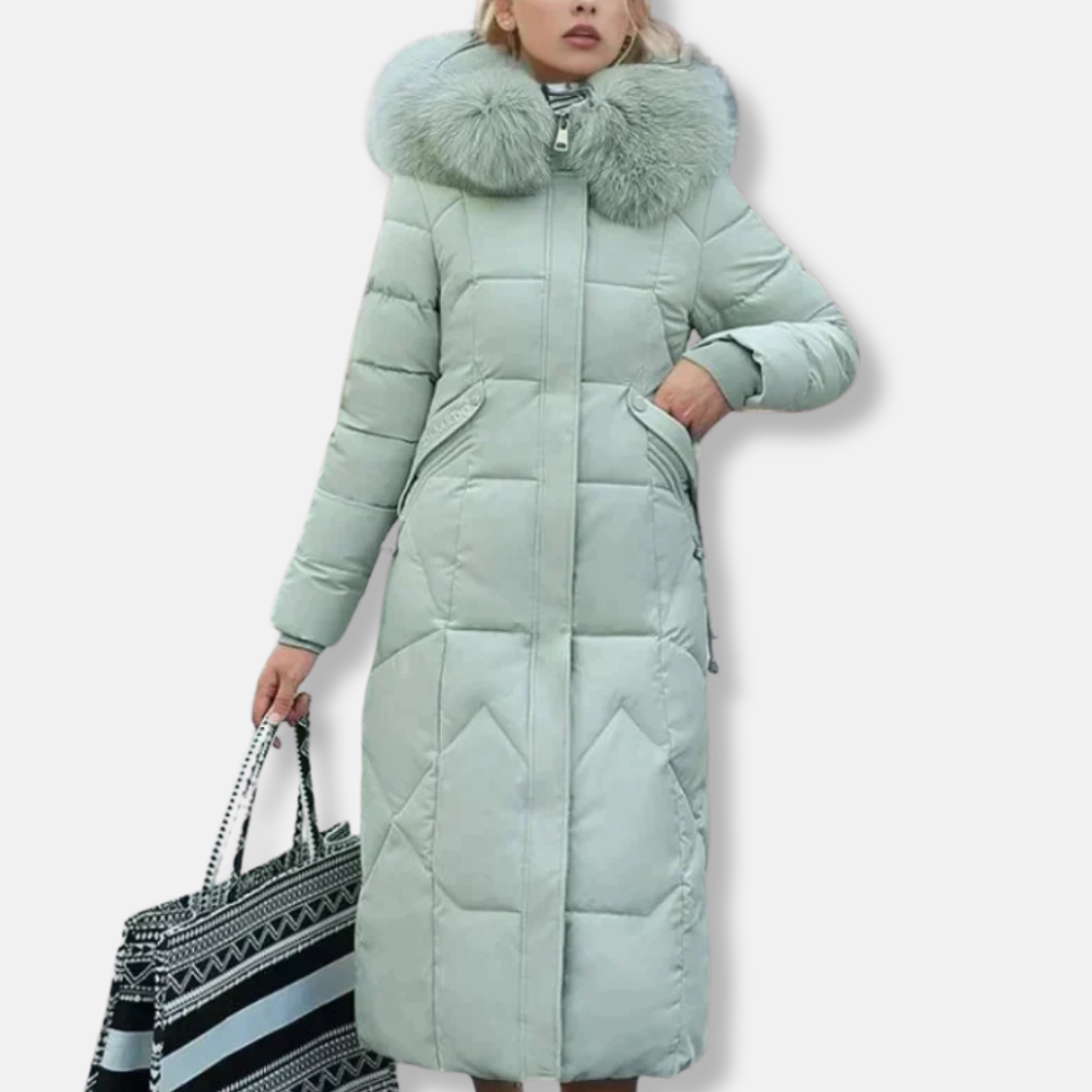 Women's long black quilted padded coat slim fit full length with detachable faux fur collar