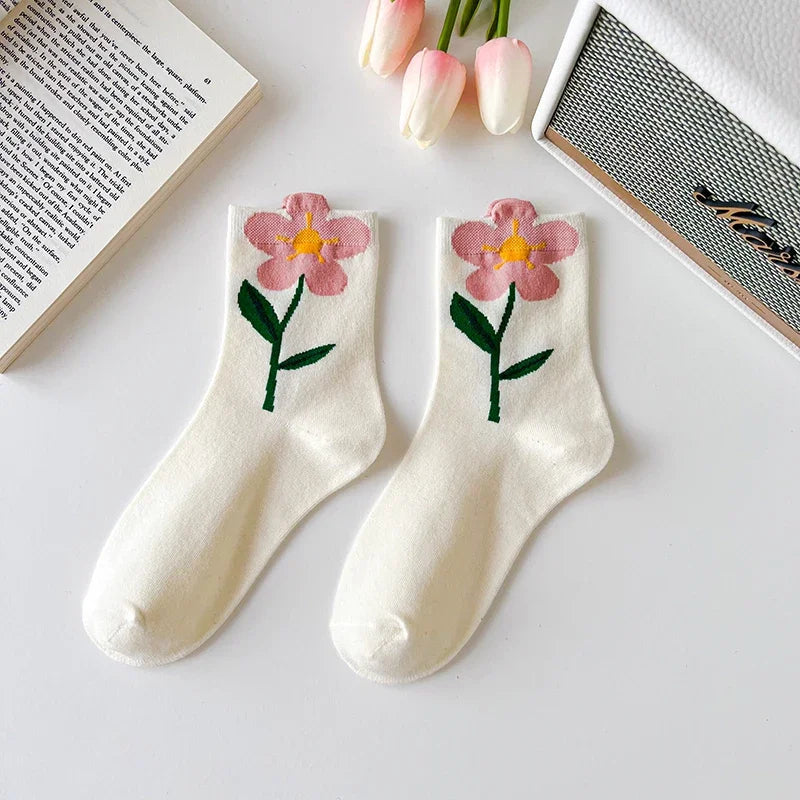 Women's mid-calf floral socks set 5 pairs premium cotton blend oversized painterly blooms multicolor