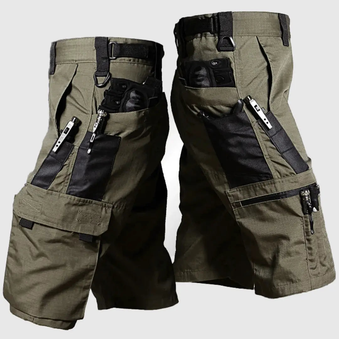 Rugged camouflage cargo shorts with water-resistant fabric and multiple secure pockets for outdoor adventures