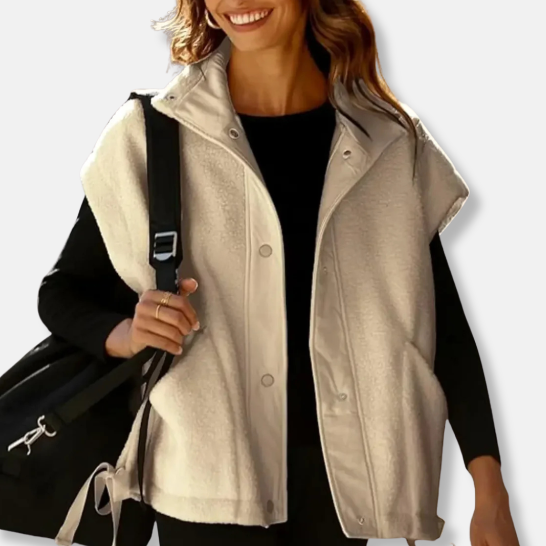 Women's plush fleece vest oversized relaxed fit stand-up collar snap button closure cozy layer