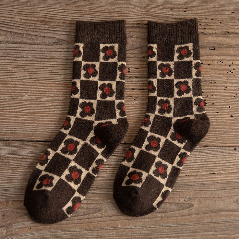 Women's crew socks mushroom floral print whimsical cozy winter design with intricate botanical motif