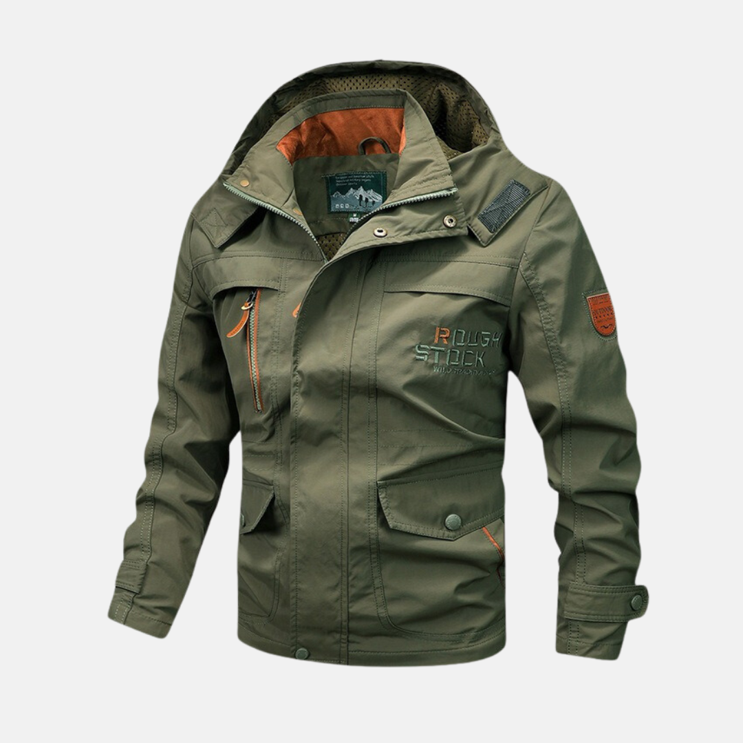 Men's loose-fit hooded windproof jacket in neutral tone, full-zip shell for travel and outdoor wear
