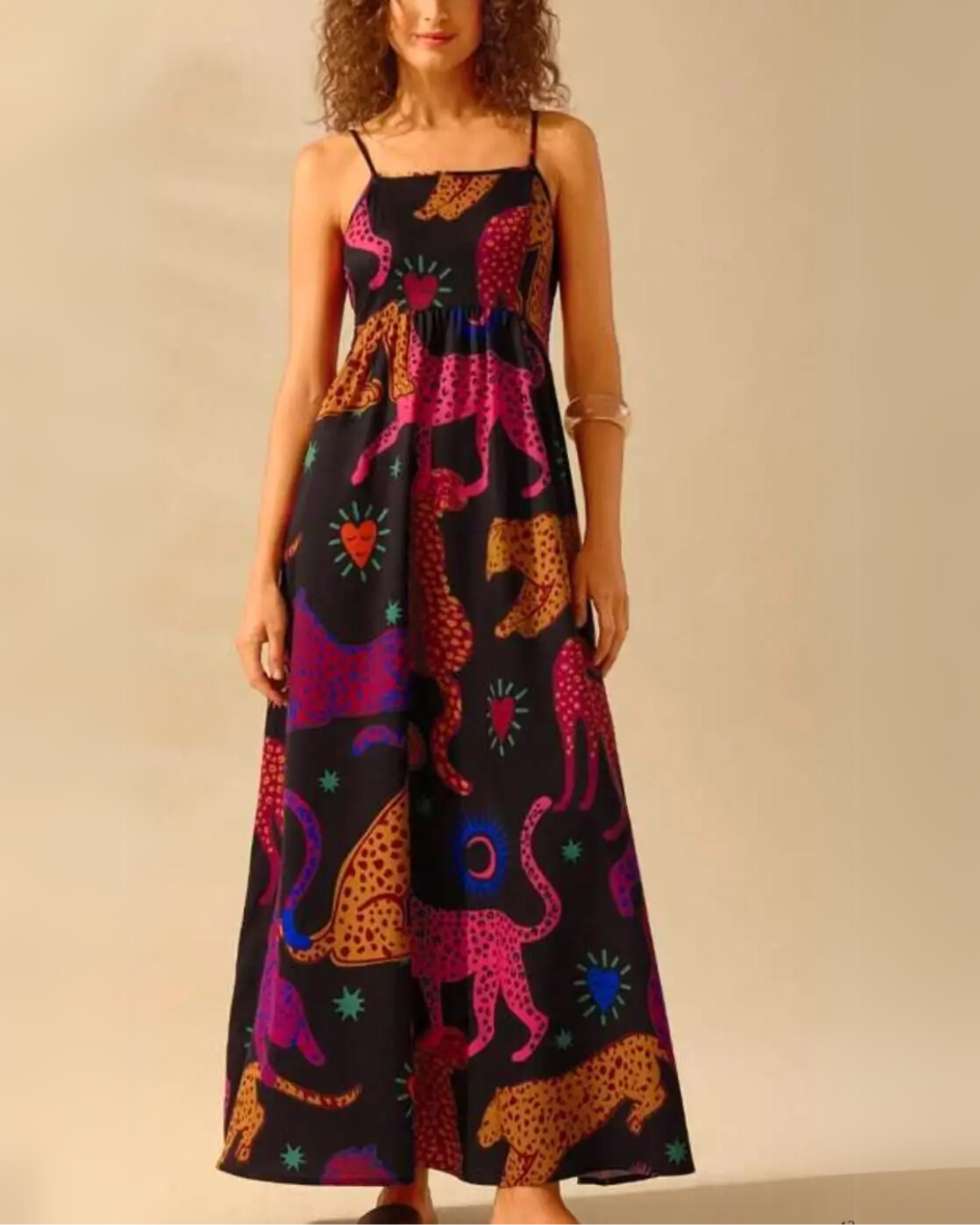 Women's boho floral maxi dress, A-line silhouette with delicate strap neckline, sunset botanical print