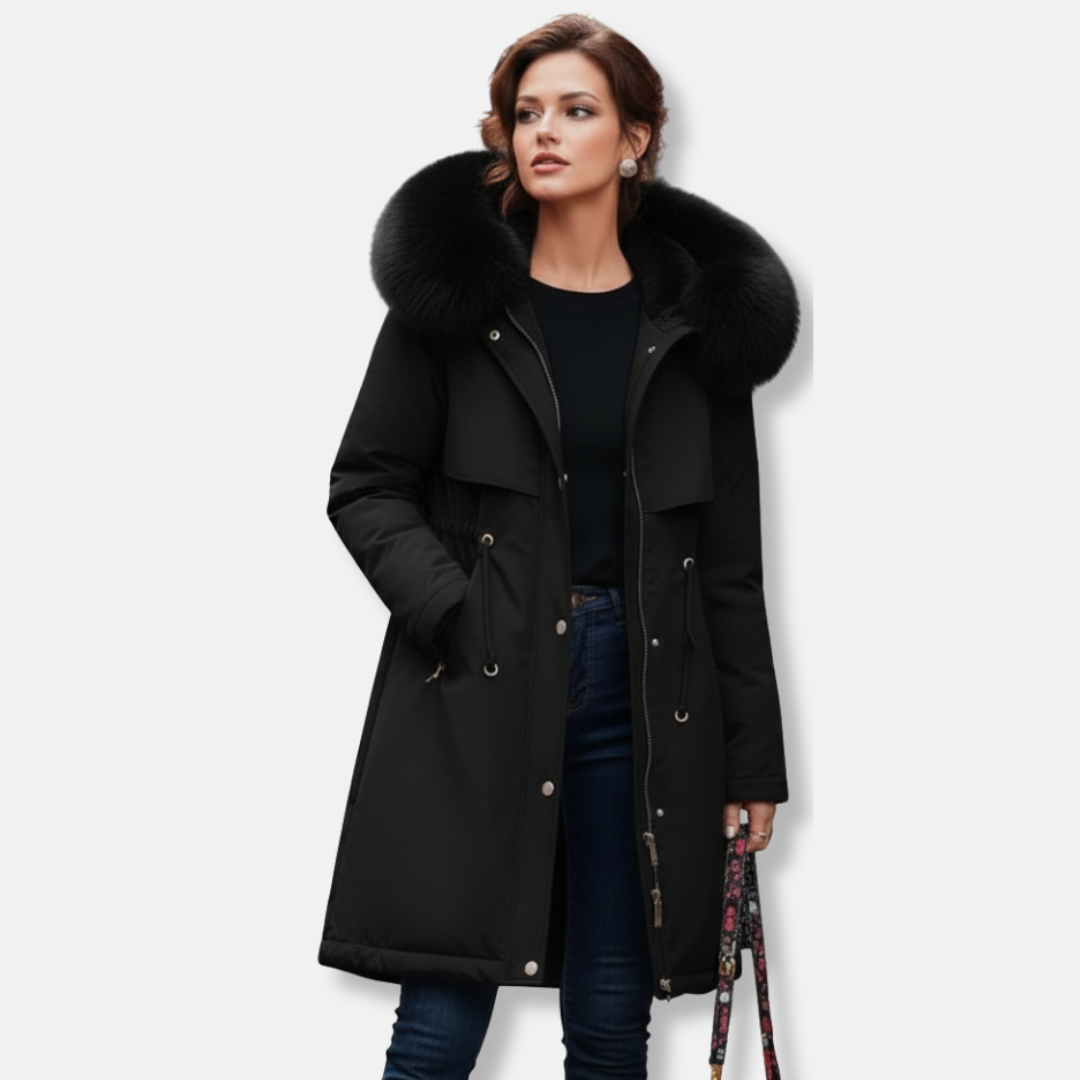 Women's insulated knee-length winter coat with faux fur-trimmed hood, A-line silhouette for elegant warmth