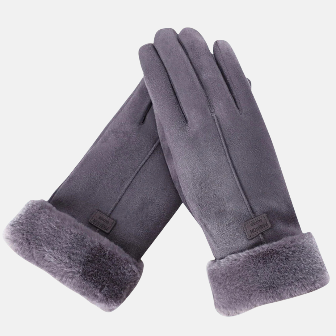 Women's slim-fit suede-like touchscreen gloves with plush faux fur cuffs in classic winter tones