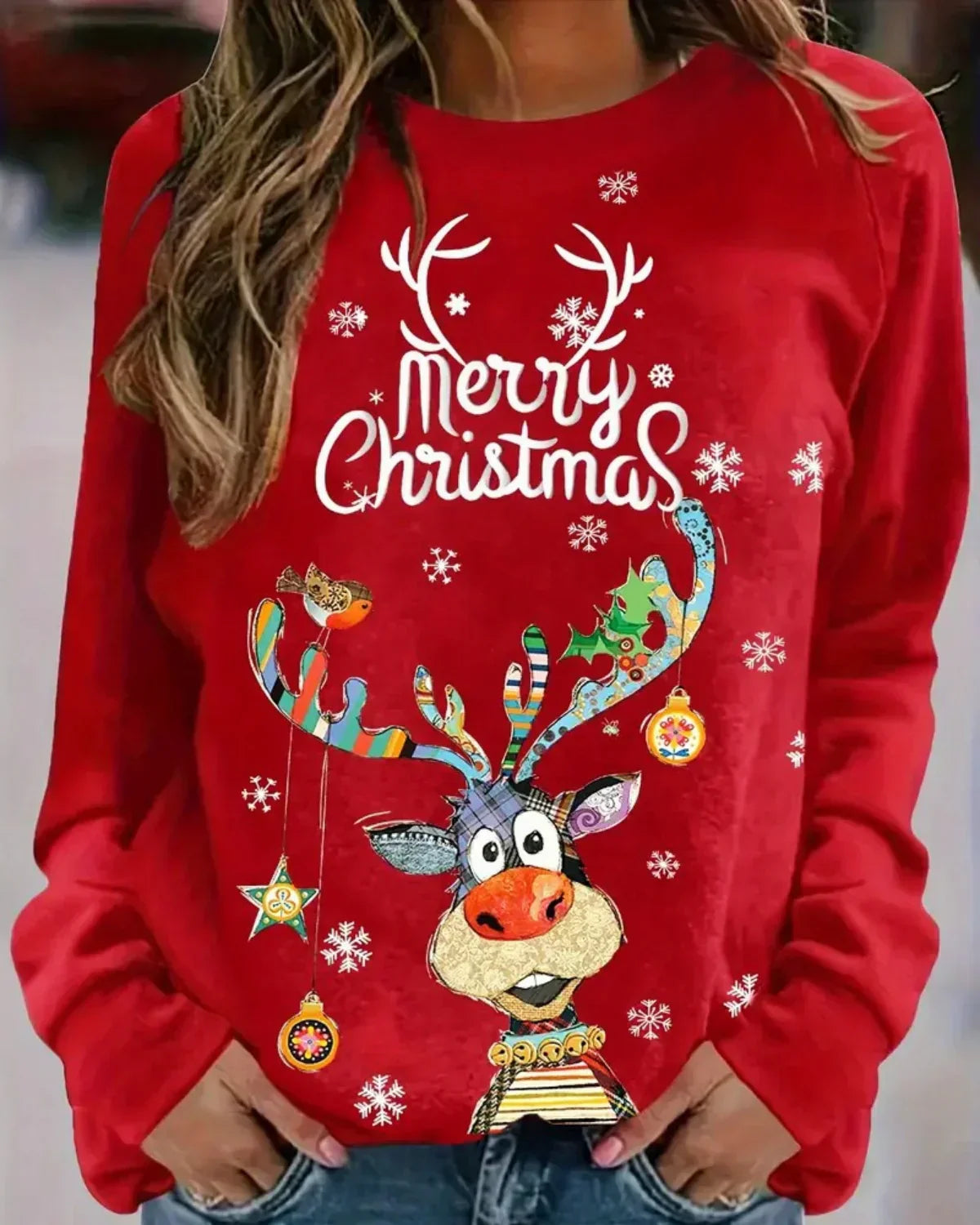 Cozy red Christmas knit sweater with festive reindeer motif, relaxed holiday fit for winter