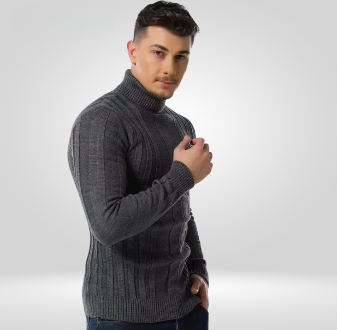 Men's ribbed turtleneck sweater slim fit structured silhouette versatile cool-weather knit