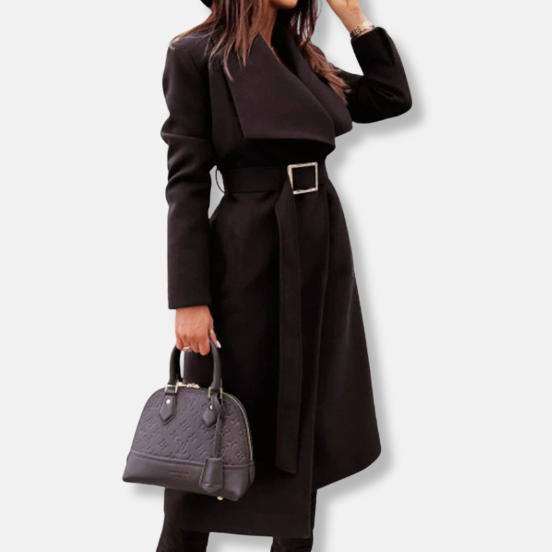 Women's longline coat with draped lapels and gold-buckle belt, tailored silhouette for modern style