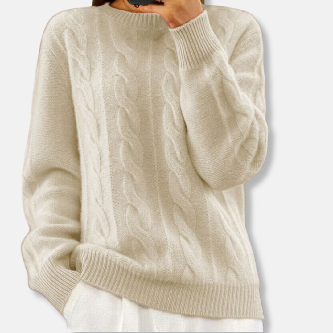 Women's relaxed fit cable knit crewneck sweater in wool-cashmere blend with textured pattern
