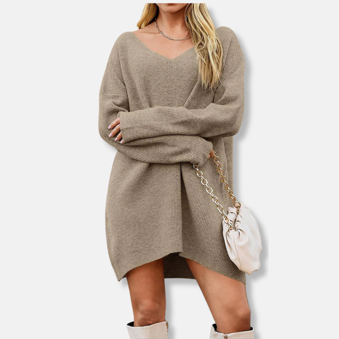 Women's ribbed knit V-neck long sleeve mini dress with subtle V-pattern bodice, polished everyday style
