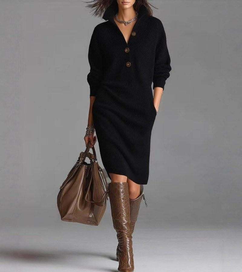 Women's black knit midi dress structured fit button collar relaxed silhouette workwear essential
