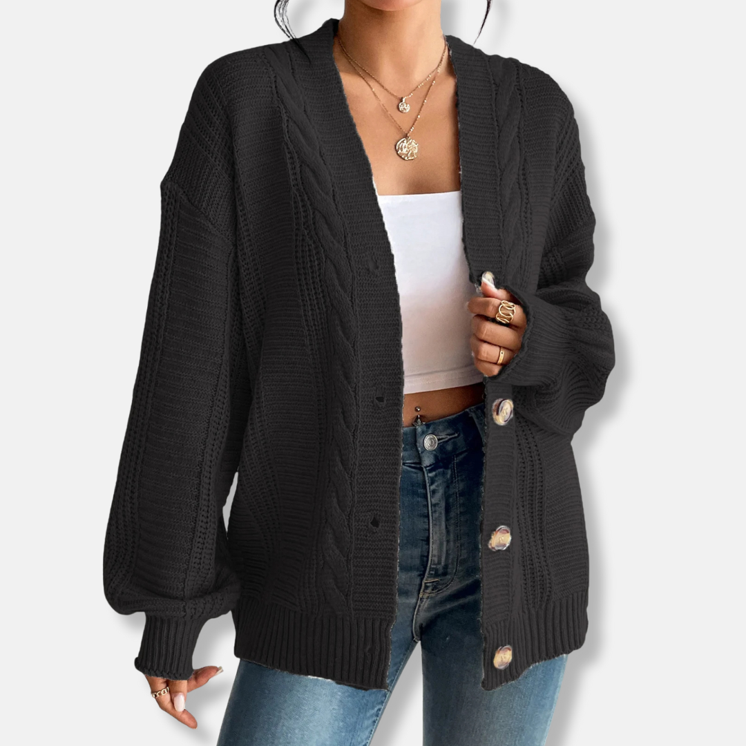 Women's oversized cable knit cardigan wool blend cozy fall layer with classic texture pattern