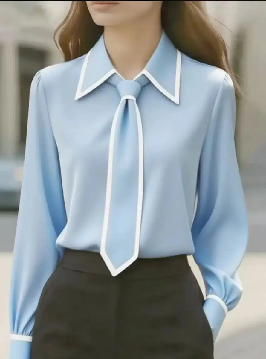 White contrast piping blouse with oversized collar and detachable tie, wrinkle-resistant cotton blend