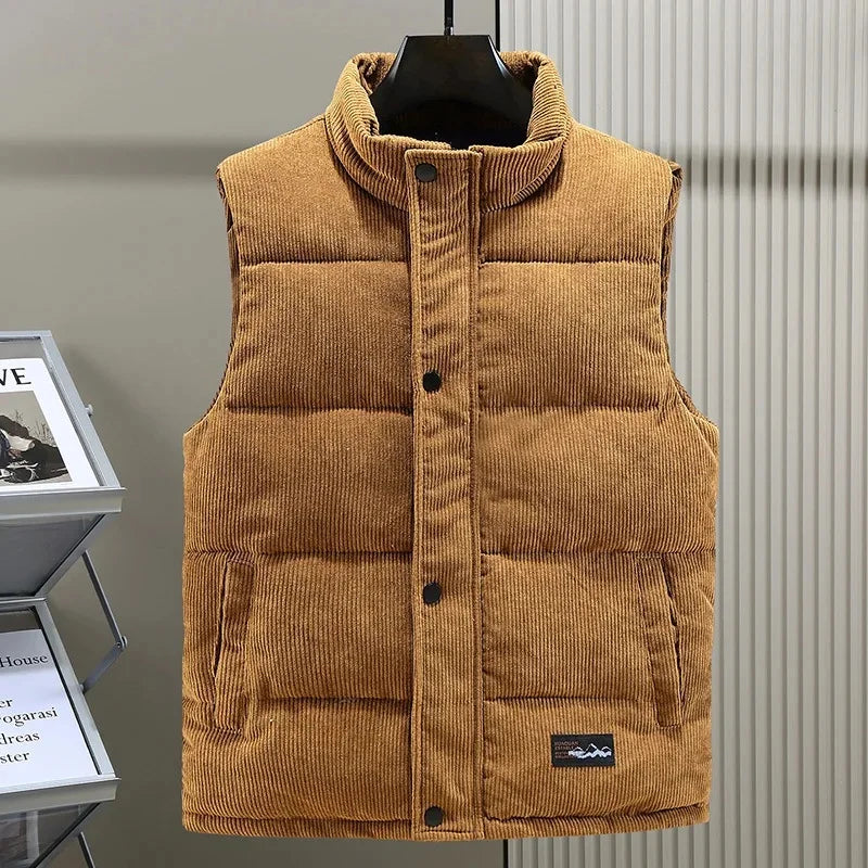 Men's brown corduroy puffer vest windproof stand collar silky lining structured texture