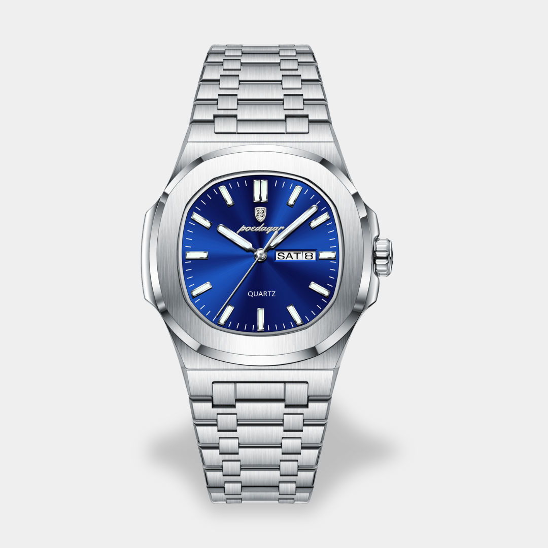 Men's quartz wristwatch analog dial day date window rounded case integrated strap classic everyday style