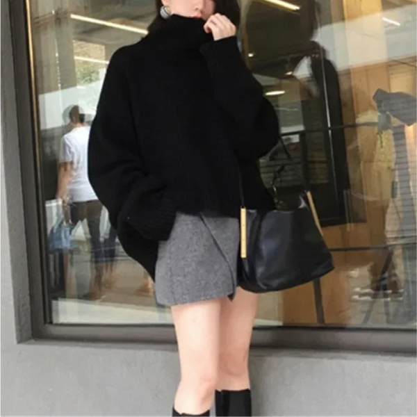 Women's loose fit knitted turtleneck sweater wool blend ribbed edges soft warm fall winter