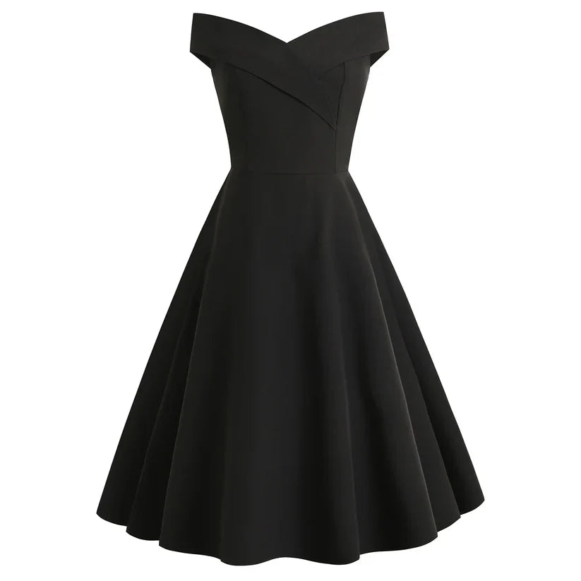 Esmée off-shoulder midi dress A-line silhouette retro elegant floral women's fashion