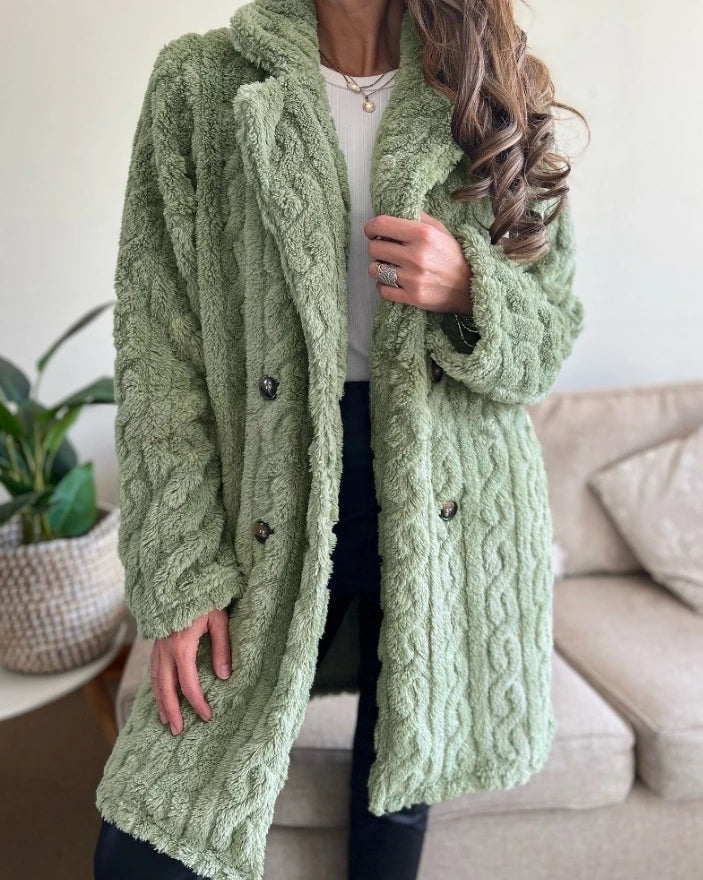 Women's cream teddy cable knit overcoat with plush texture, cozy oversized fit, and elevated detailing