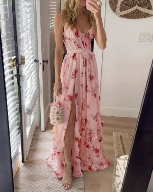 Women's floral print sleeveless summer dress with high slit, elegant chic silhouette