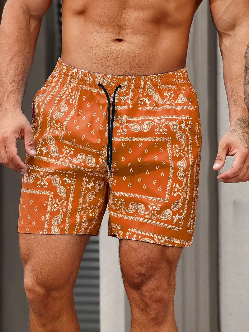 Men's bandana print swim shorts relaxed mid-thigh fit quick-dry fabric for beach and pool