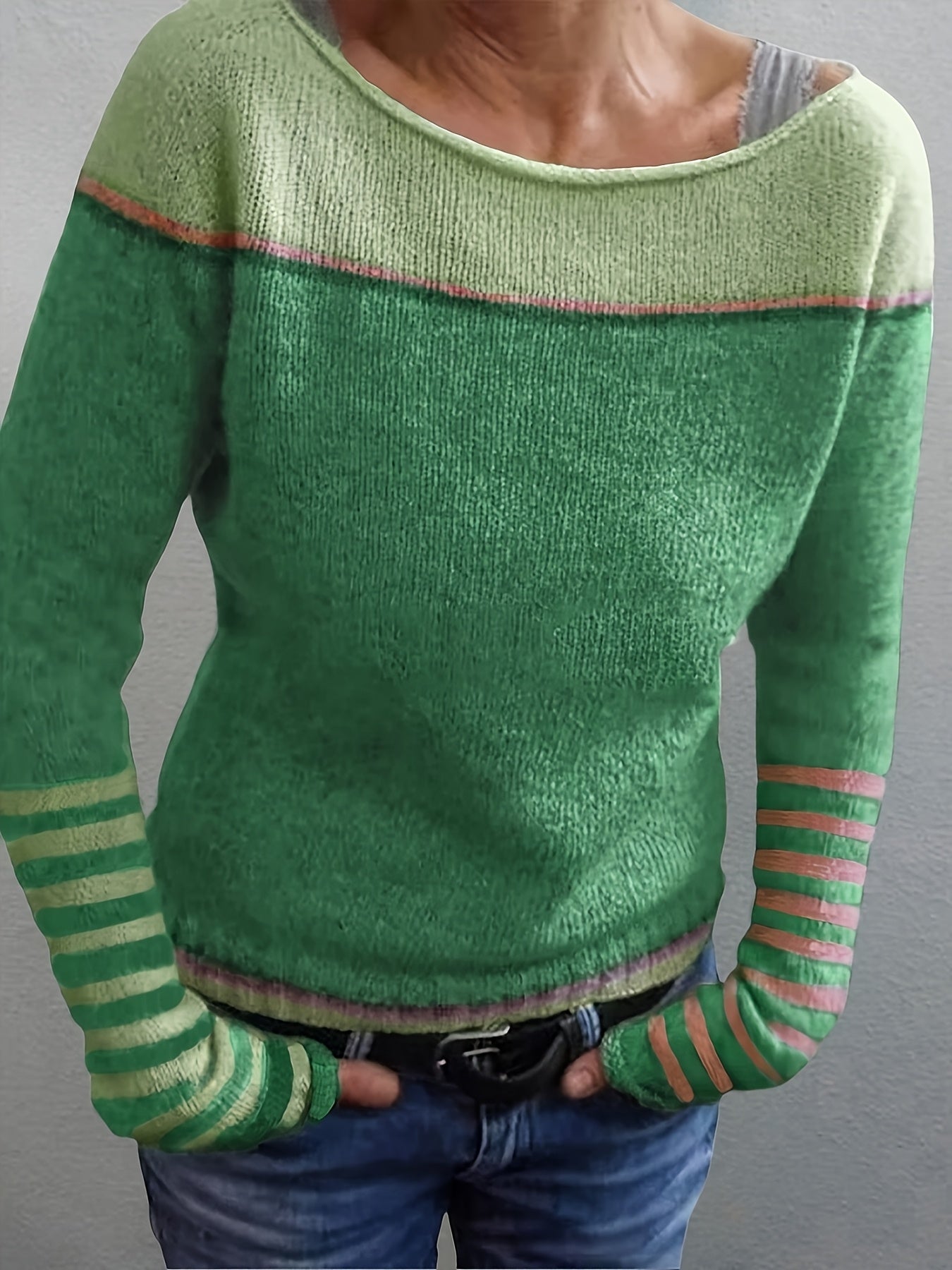 Women's lightweight striped knit sweater relaxed fit cozy layering flattering neckline soft horizontal stripes