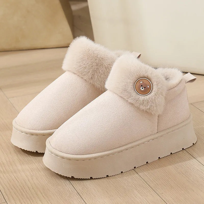 Women's ankle-high slipper boots with plush fleece interior, faux fur trim, and button details