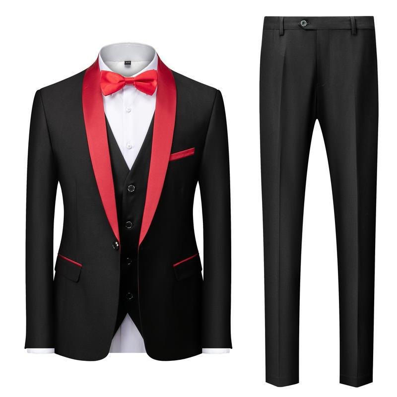 Men's 3-piece navy suit with bow tie, modern fit jacket vest trousers, elegant wedding formal wear