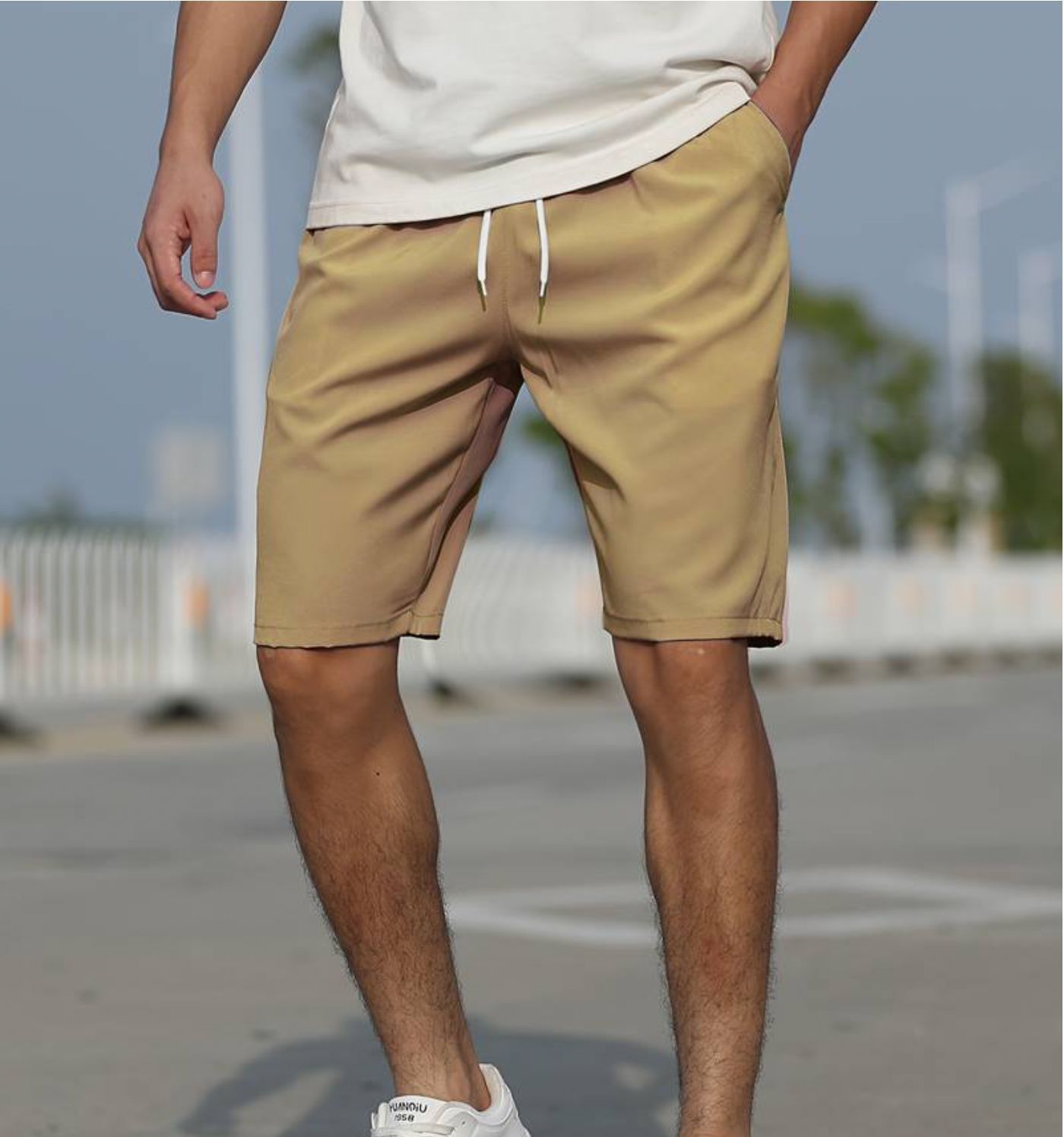 Men's mint green quick-dry swim shorts elastic waist mid-thigh cut lightweight beach pool versatile