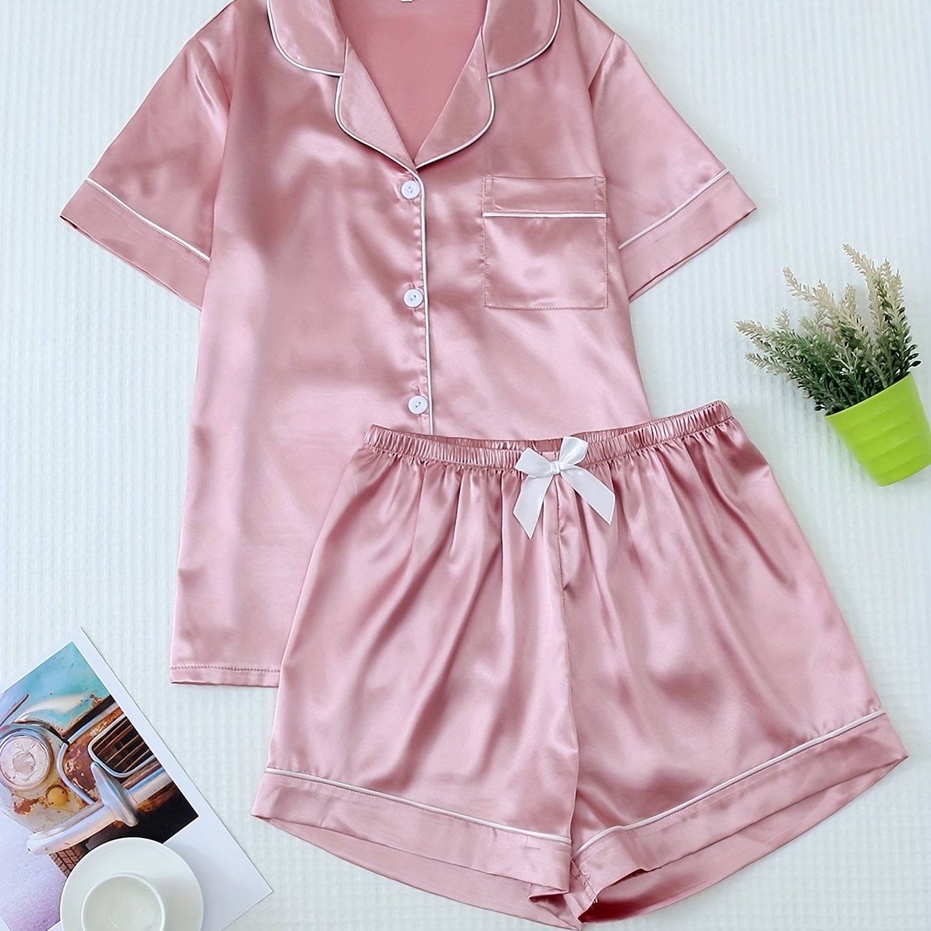 Women's pajama set with button-closure top and elastic waist shorts, cozy breathable nightwear