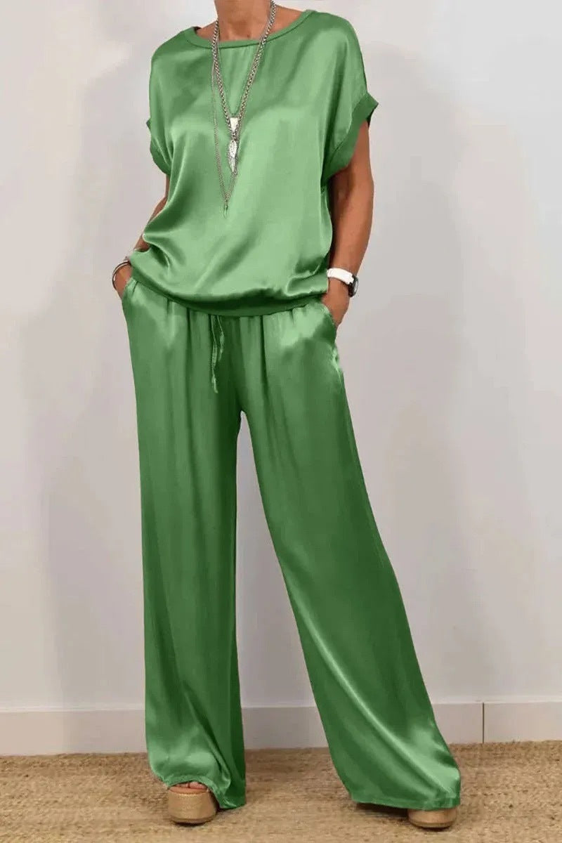 Women's satin two-piece set minimalist casual chic short sleeve top long pants breathable polyester