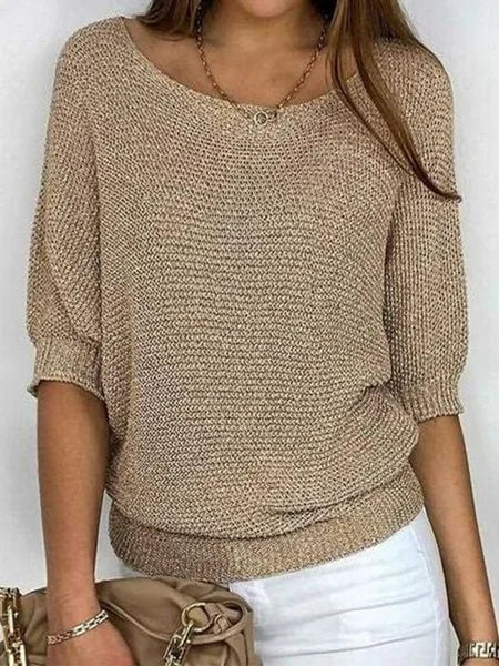Women's cozy loose fit knitted sweater with elbow sleeves and boat neckline for casual layering