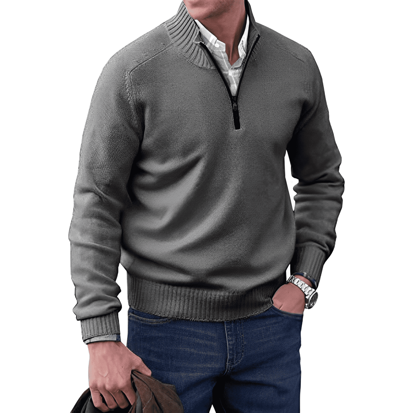 Men's half-zip ribbed knit sweater with long sleeves, classic layering pullover with structured collar