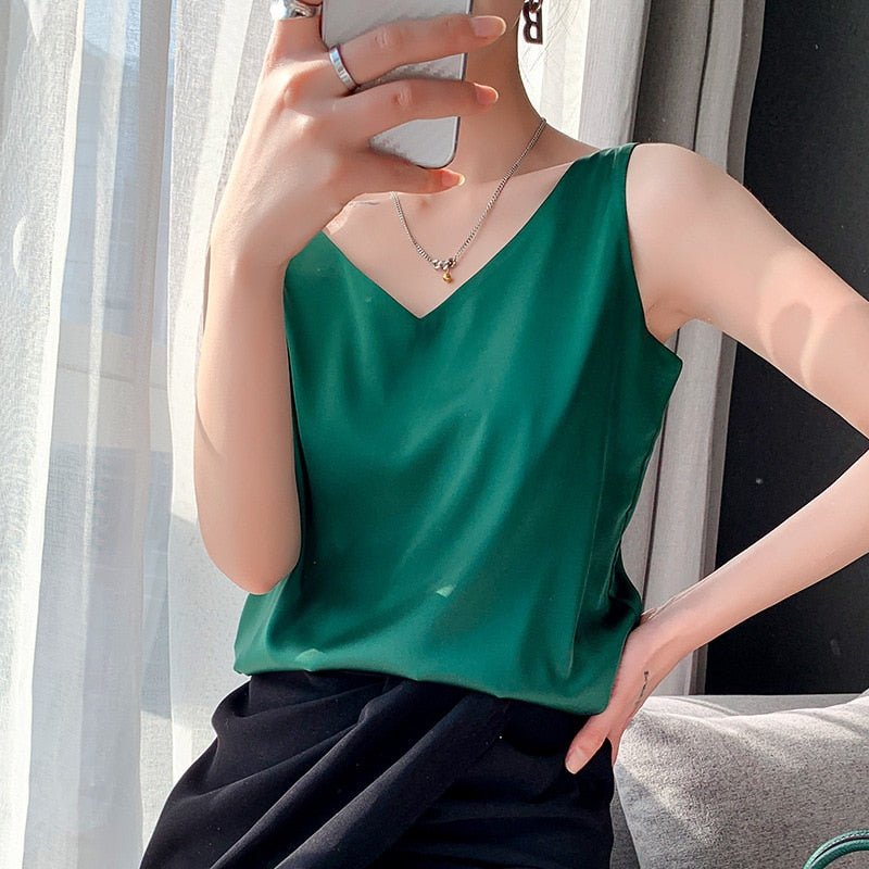 Women's draped satin tank top in elegant silhouette, smooth lightweight fabric with refined sheen for effortless layering