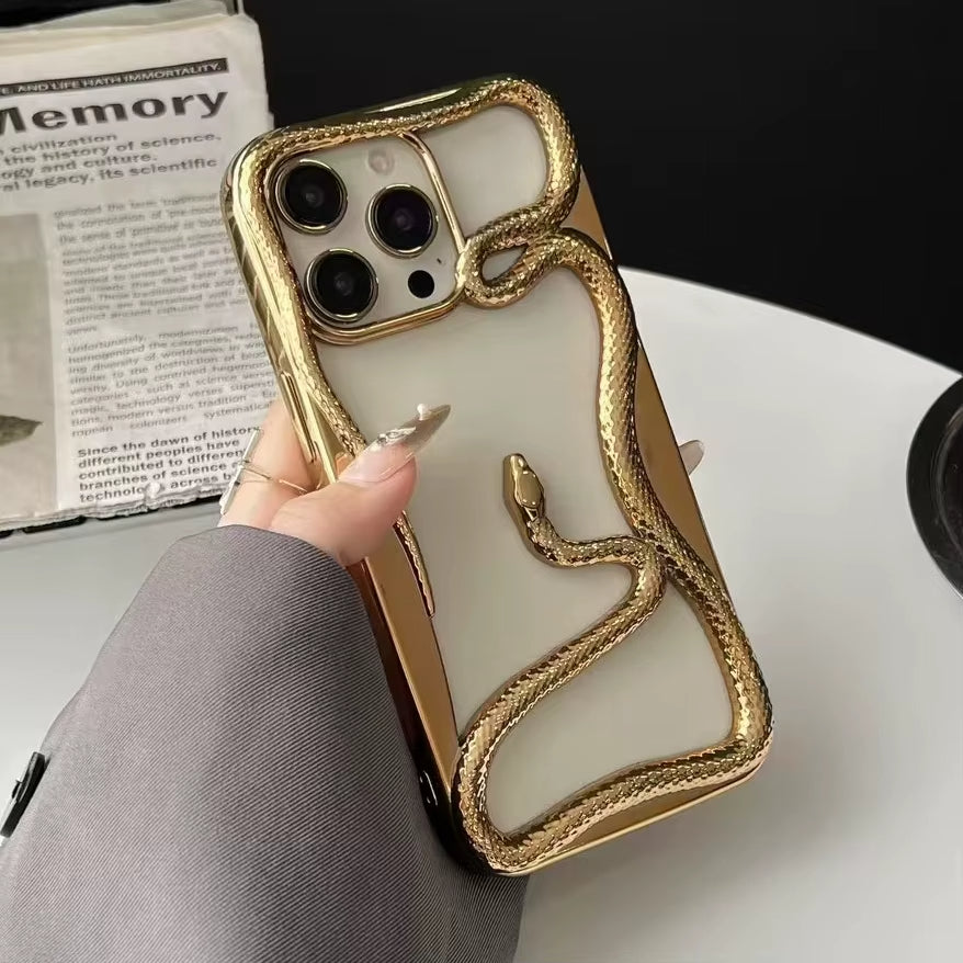 Black iPhone case with 3D coiled serpent around Apple logo, garden-inspired protective shock-absorbing design