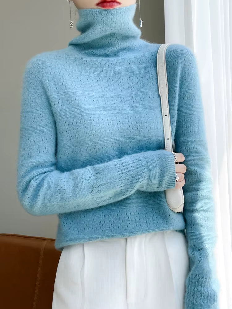 Women's wool turtleneck pullover in neutral tone, featherlight stacked collar knit with subtle pattern