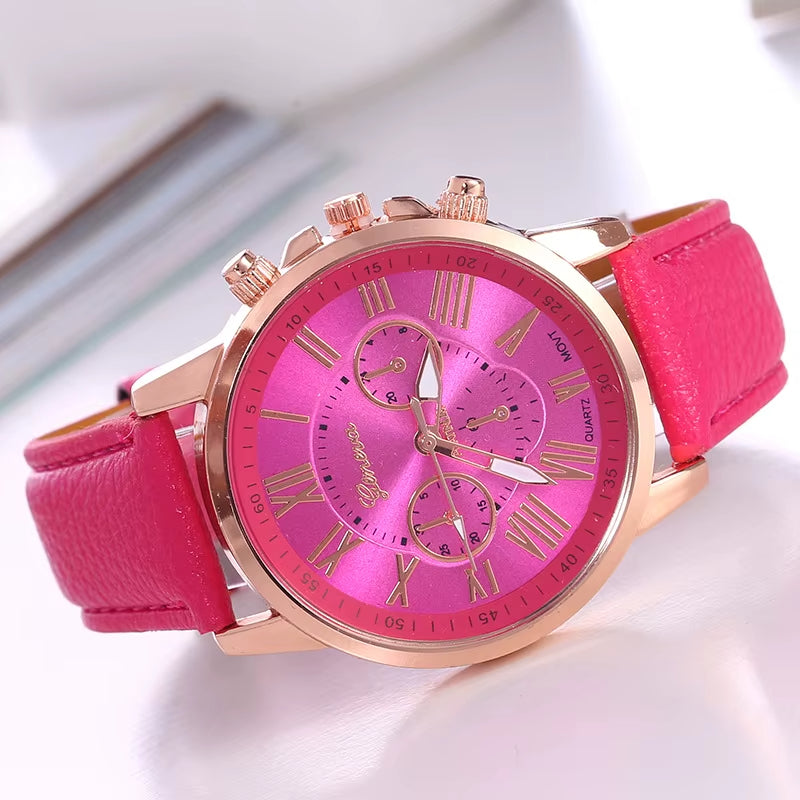Geneva women's chronograph watch bold color dial gold case vibrant strap Roman numeral