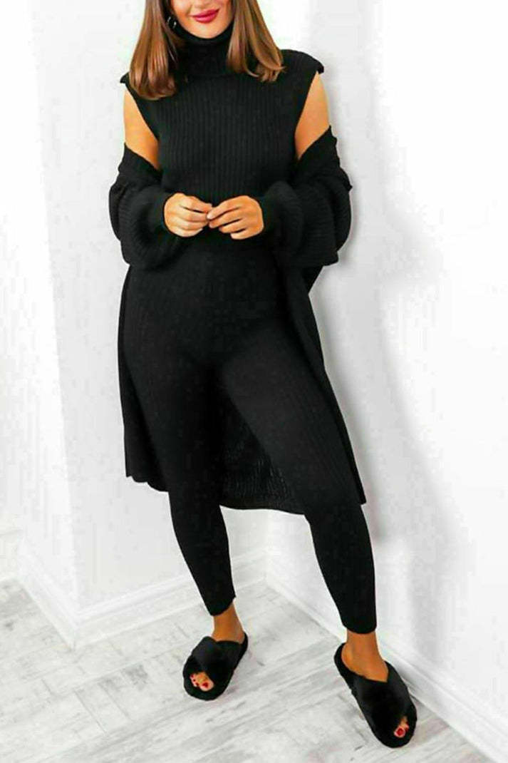 Women's 3-piece knit loungewear set with turtleneck sweater, chunky knit top, and matching pants
