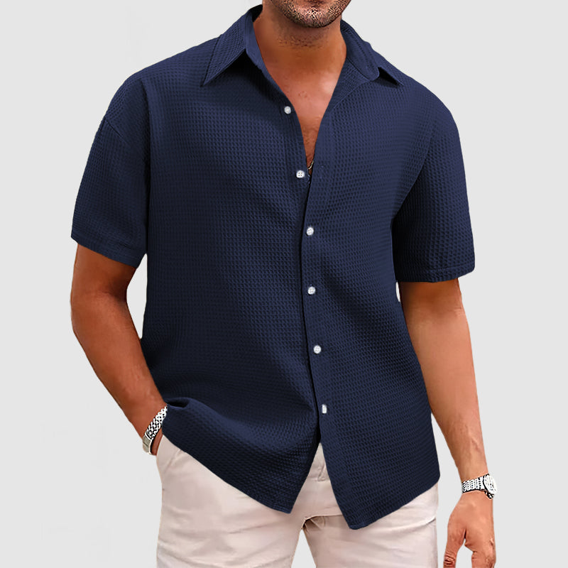 Men's beige waffle-knit short sleeve shirt relaxed fit with textured fabric for warm weather