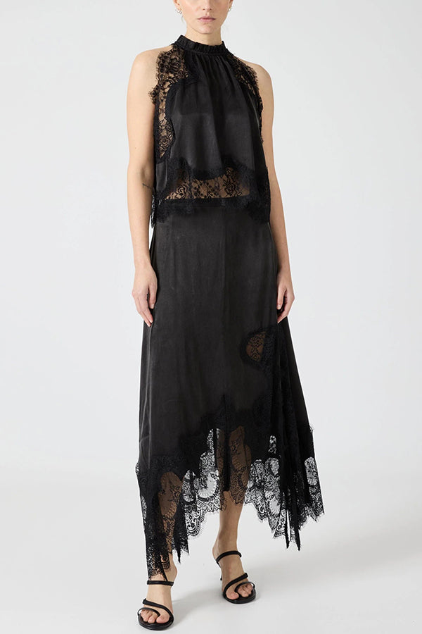 Women's satin two-piece set with lace pleated collar top and ankle-length irregular slit skirt