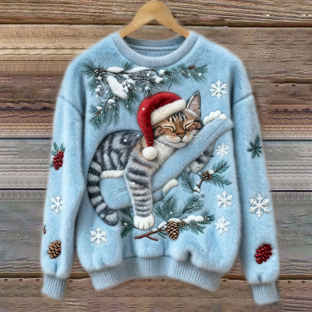 Cozy festive knit sweater with sleepy cat in Santa hat, soft warm relaxed fit for cat lovers