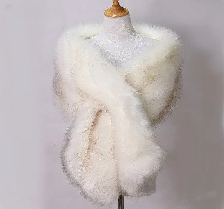 Ivory wrap shawl with plush faux fur trim, elegant shoulder coverage for formal evening wear