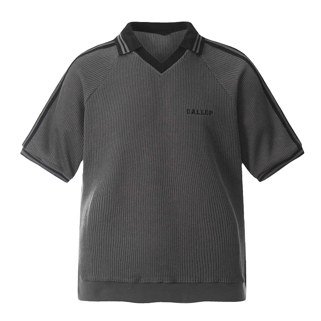 Men's textured cotton blend knit polo, ivory, turn-down collar, embroidered deep V-neck vintage style