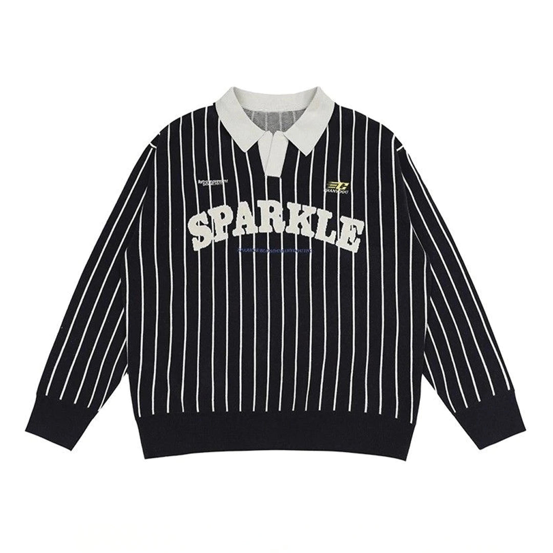 Oversized unisex knit polo shirt striped multicolor V-neck collar with embroidered front lettering