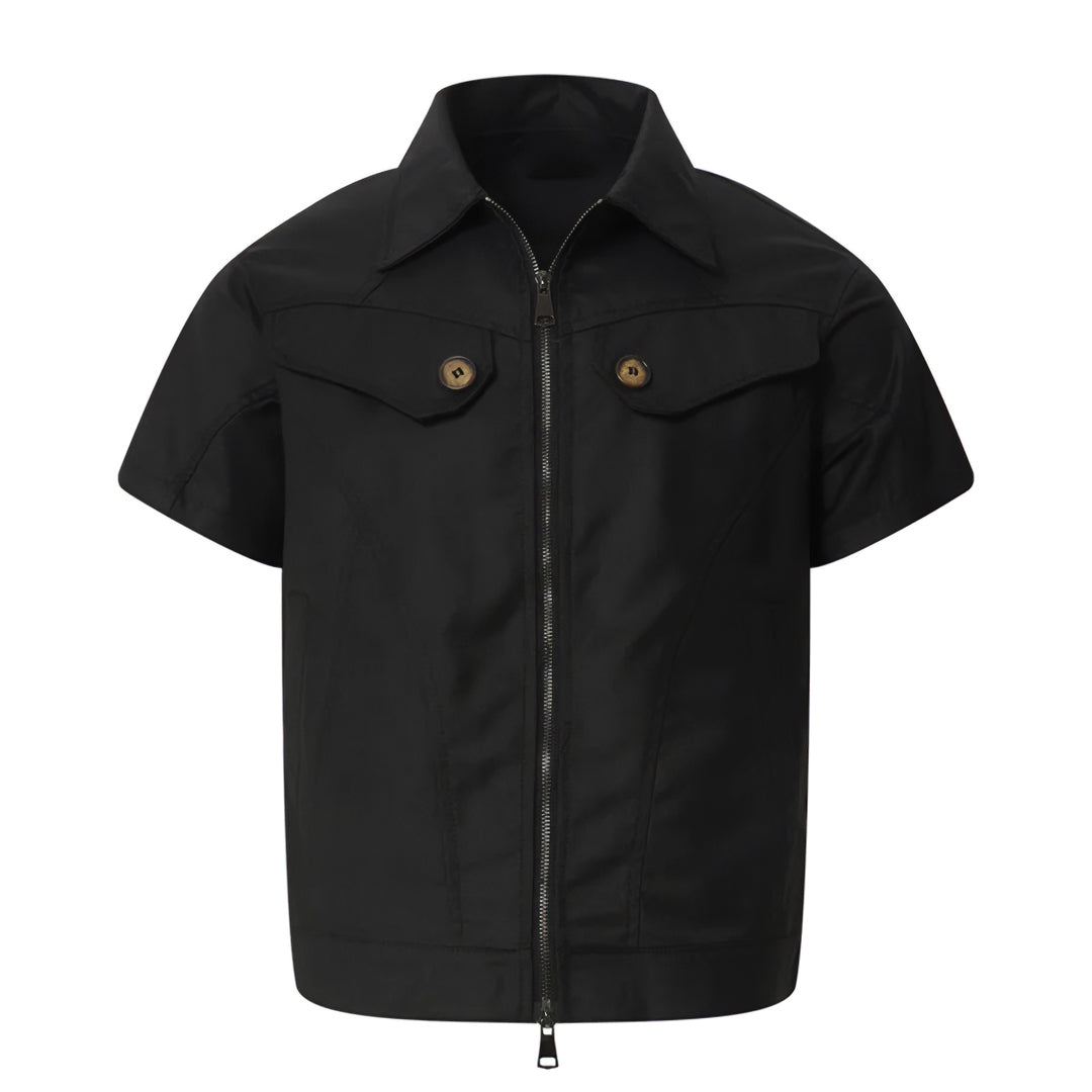 Retro 70s Americana cotton-blend short sleeve shirt with zip closure and turn-down collar