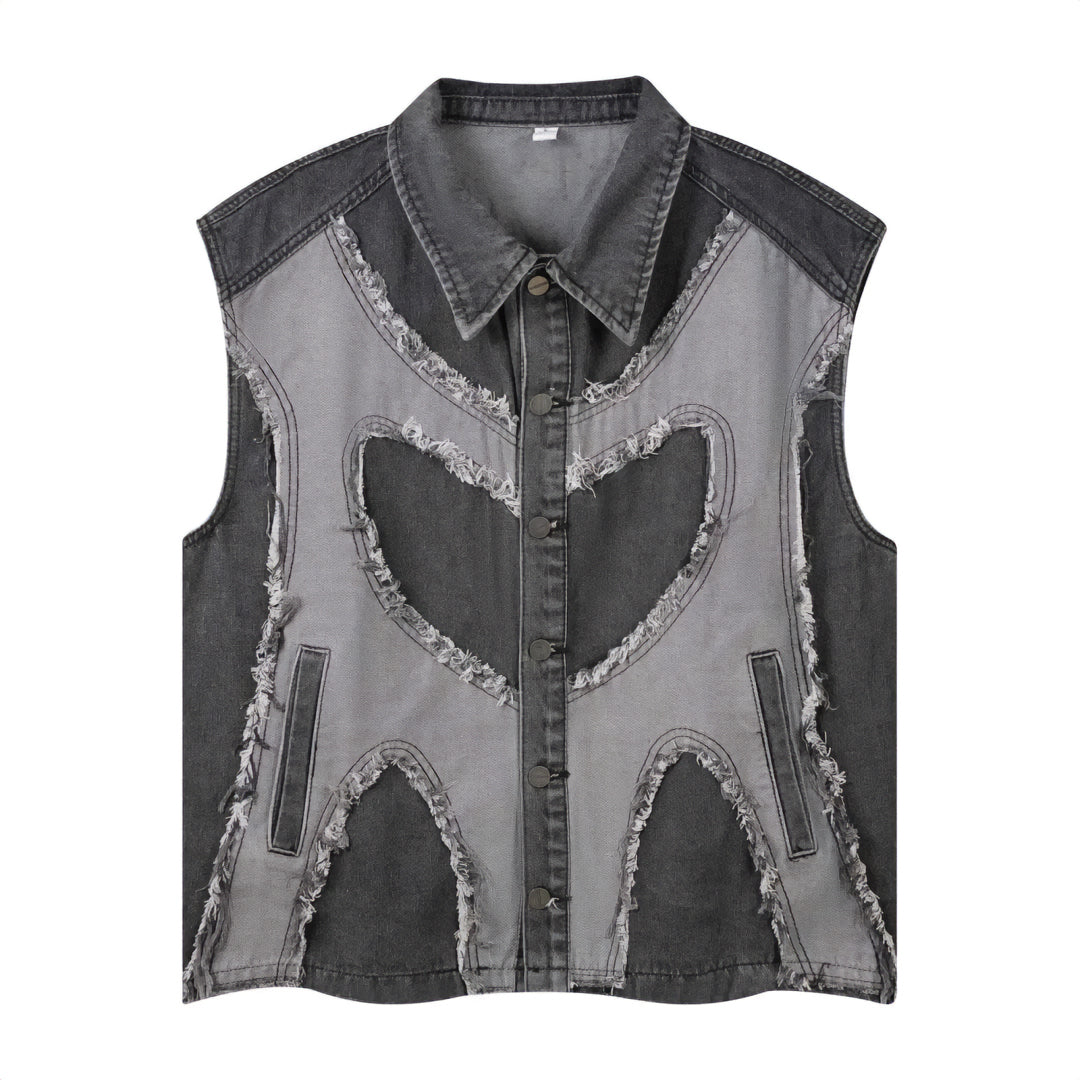 Men's distressed washed denim vest sharp silhouette textured finish button closure street style