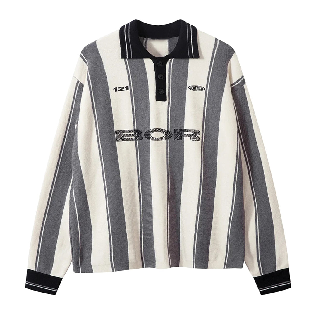 Men's striped knit rugby jersey navy blue turn-down collar jacquard logo modern fit